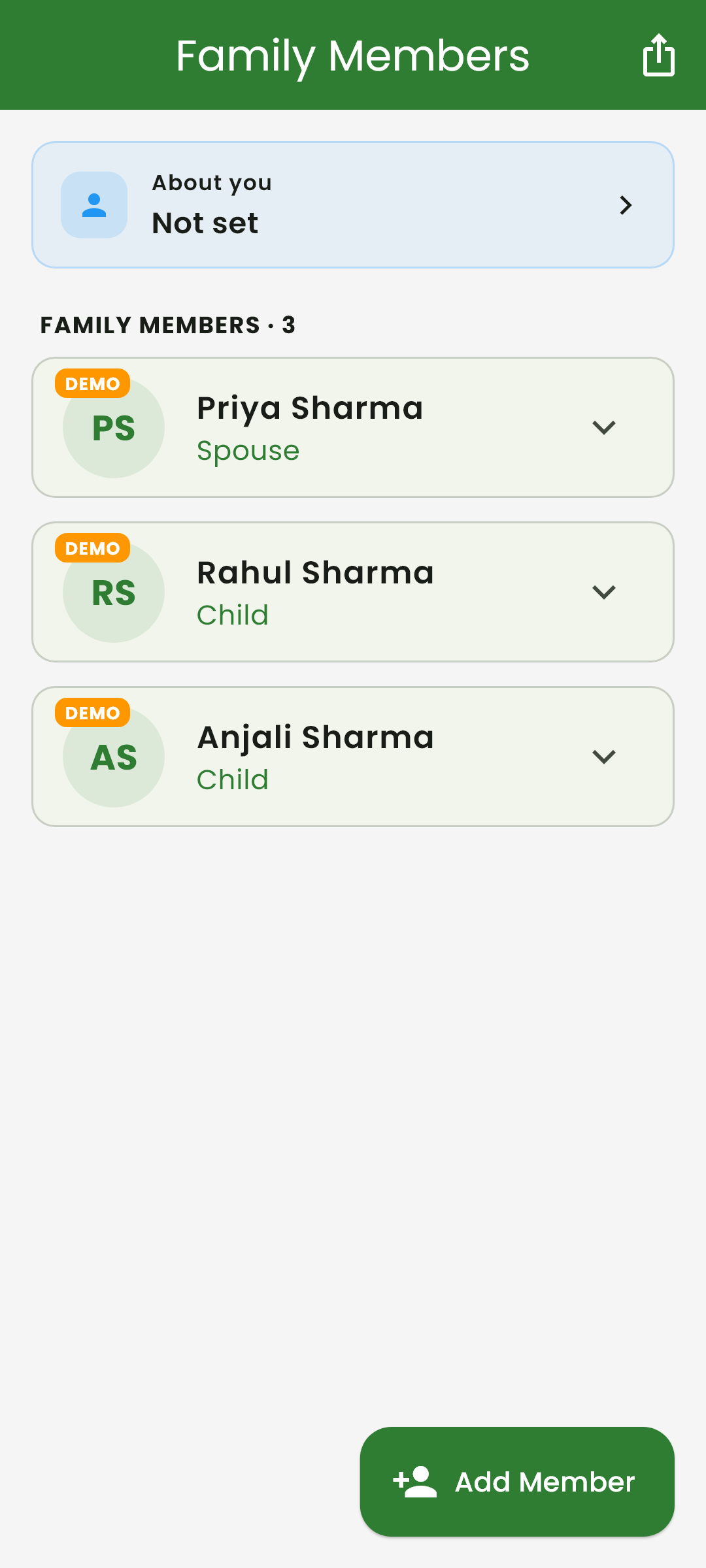 Family members list with roles such as Viewer and Emergency Contact