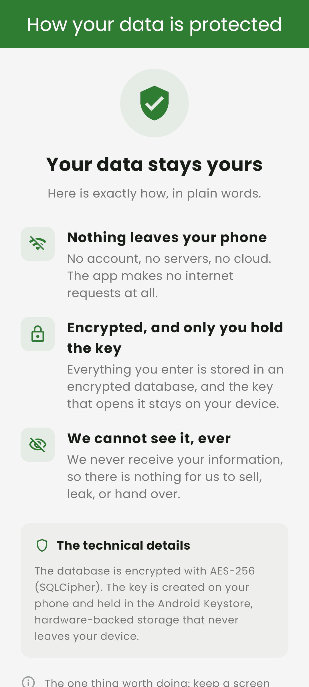 Kinora "How your data is protected" screen explaining encryption in plain words