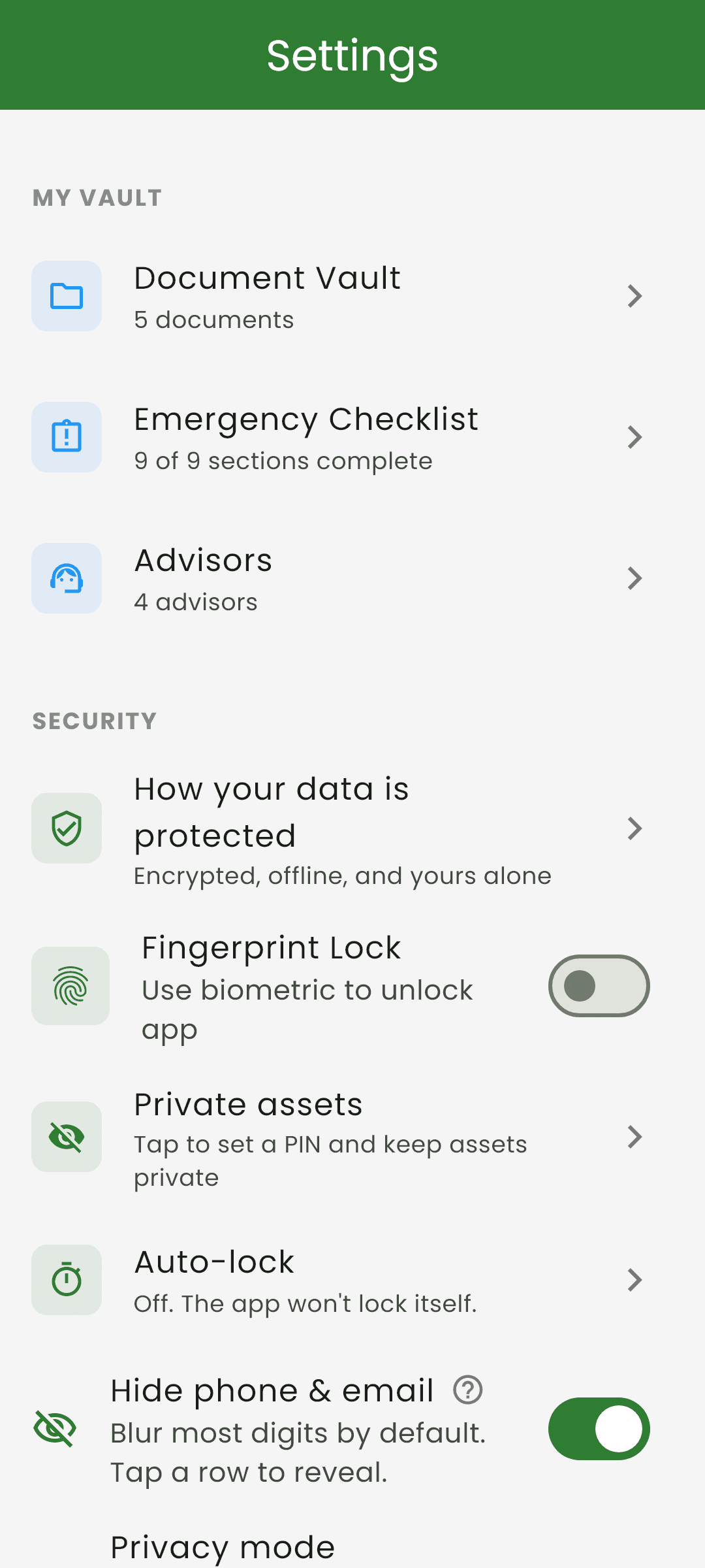 Kinora settings including backup, privacy mode and language